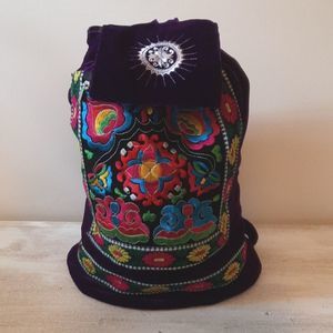 Hmong Tribal Boho Drawstring Purple Embroidered Backpack